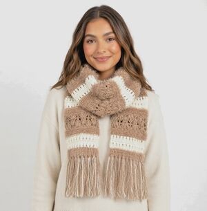 Scarf With Fringe WHBM Women's Scarf Beige Tan White Boho Hippie Neck Warmer